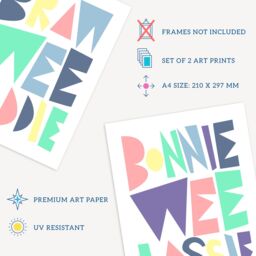 Artery8 Wall Art Print Pack of 2 A4 Scottish Baby Kids Childs Nursery Bonnie Wee Lassie Laddie Boy Girl Pastel Typography Design Living Room s Set - thumbnail 4