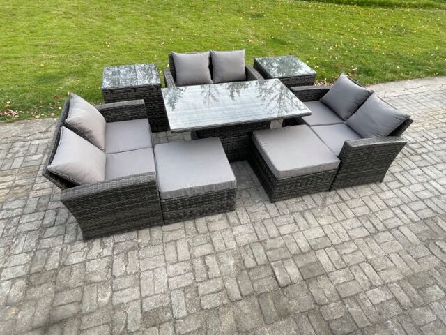 Fimous Wicker Rattan Garden Furniture Set Height Adjustable Rising Lifting Table Sofa Dining Set with Double Seat Sofa in Dark Grey - image 1