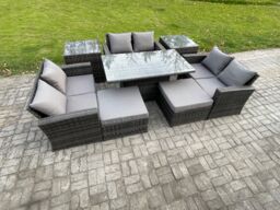 Fimous Wicker Rattan Garden Furniture Set Height Adjustable Rising Lifting Table Sofa Dining Set with Double Seat Sofa in Dark Grey - thumbnail 1