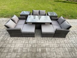 Fimous Wicker Rattan Garden Furniture Set Height Adjustable Rising Lifting Table Sofa Dining Set with Double Seat Sofa in Dark Grey - thumbnail 2