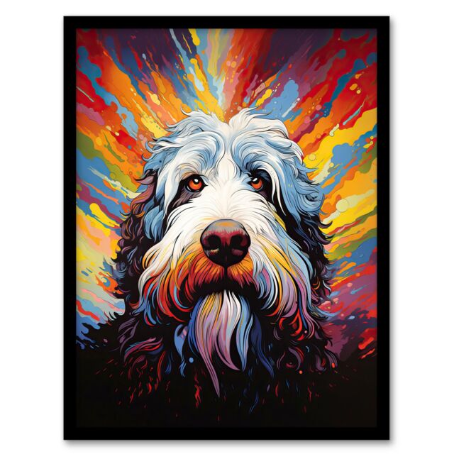 "Artery8 Wall Art Print Old English Sheep Dog Lover Gift Pet Portrait Colourful Artwork Painting Art Framed - Size: W12"" x H16""" - image 1