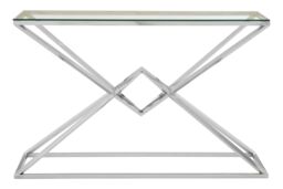 Orsina Rectangular Tempered Glass Console Table, Silver Stainless Steel Frame with Geometric Base, Hallway Console