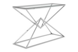Orsina Rectangular Tempered Glass Console Table, Silver Stainless Steel Frame with Geometric Base, Hallway Console - thumbnail 2