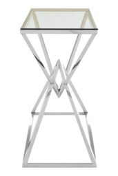 Orsina Rectangular Tempered Glass Console Table, Silver Stainless Steel Frame with Geometric Base, Hallway Console - thumbnail 3