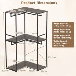 EONLION 200 cm L-shaped Coat Rack Coat Stand in Black - Size: 100 cm - thumbnail 2