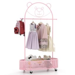 Costway Kid Clothes Rack Home Freestanding Clothes Rack on Wheels-Pink in Pink