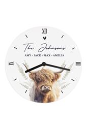 Personalised Memento Company Personalised Highland Cow Wooden Clock in White