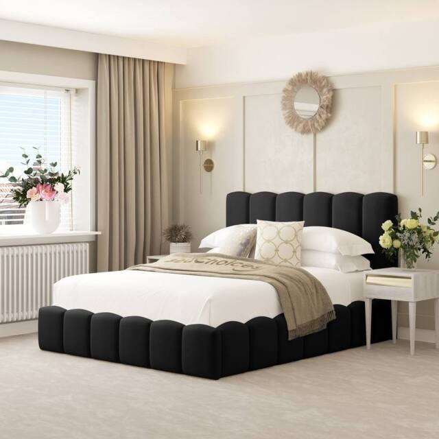 "Bed Choices Mayfair Upholstered Bubble Bed Frame with 54"" Headboard & Chelsea mattress in Black - Size: Double" - image 1