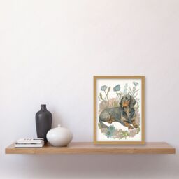 Artery8 Dachshund Dog Lying in Flower Field Pastel Watercolour Illustration Artwork Framed Wall Art Print A4 in Light Oak - thumbnail 2