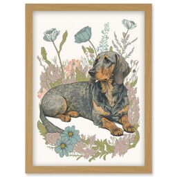 Artery8 Dachshund Dog Lying in Flower Field Pastel Watercolour Illustration Artwork Framed Wall Art Print A4 in Light Oak - thumbnail 1