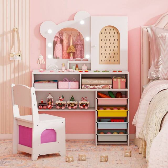 Costway Kids Dressing Table & Chair Set Vanity Set w/ 5 Drawers & Lights in White - image 1