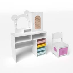 Costway Kids Dressing Table & Chair Set Vanity Set w/ 5 Drawers & Lights in White - thumbnail 3
