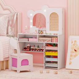Costway Kids Dressing Table & Chair Set Vanity Set w/ 5 Drawers & Lights in White - thumbnail 6