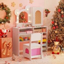 Costway Kids Dressing Table & Chair Set Vanity Set w/ 5 Drawers & Lights in White - thumbnail 4