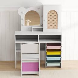Costway Kids Dressing Table & Chair Set Vanity Set w/ 5 Drawers & Lights in White - thumbnail 2