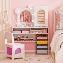 Costway Kids Dressing Table & Chair Set Vanity Set w/ 5 Drawers & Lights in White - thumbnail 1