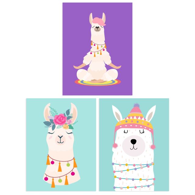 Artery8 Wall Art Print Pack of 3 A4 Kids Bedroom Cute Happy Llama Yoga Meditation Bright Purple & Pastel Blue Living Room s Set - image 1