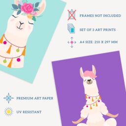 Artery8 Wall Art Print Pack of 3 A4 Kids Bedroom Cute Happy Llama Yoga Meditation Bright Purple & Pastel Blue Living Room s Set - thumbnail 4