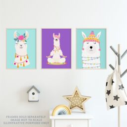 Artery8 Wall Art Print Pack of 3 A4 Kids Bedroom Cute Happy Llama Yoga Meditation Bright Purple & Pastel Blue Living Room s Set - thumbnail 3