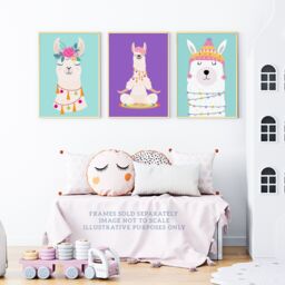 Artery8 Wall Art Print Pack of 3 A4 Kids Bedroom Cute Happy Llama Yoga Meditation Bright Purple & Pastel Blue Living Room s Set - thumbnail 2
