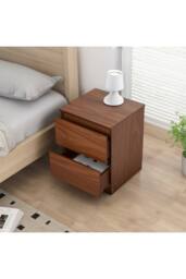 Living and Home 2-Drawer Wooden Nightstand Bedside Table in Walnut Colour - thumbnail 2