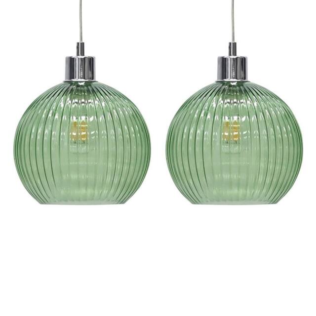 First Choice Lighting Set of 2 Betchley - Green Ribbed Glass Globe Easy Fit Pendant Shades in Clear - image 1