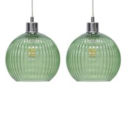 First Choice Lighting Set of 2 Betchley - Green Ribbed Glass Globe Easy Fit Pendant Shades in Clear