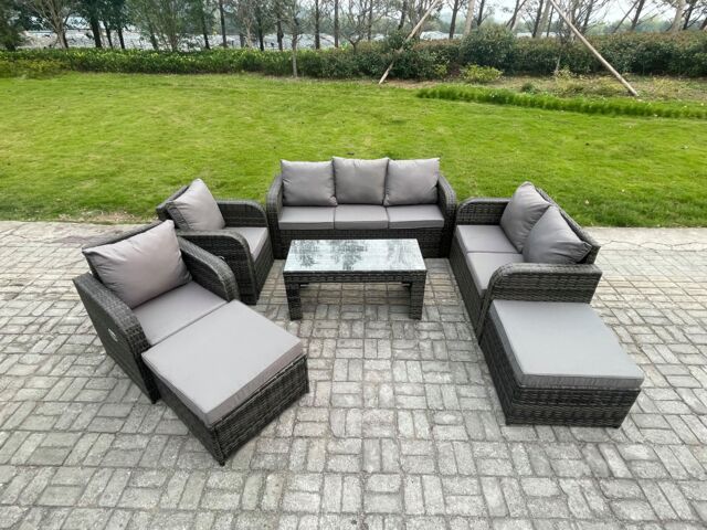 Fimous Rattan Wicker Garden Furniture Patio Conservatory Sofa Set with Rectangular Coffee Table Reclining Chair 2 Big Footstool 3 Seater Sofa - image 1