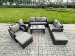 Fimous Rattan Wicker Garden Furniture Patio Conservatory Sofa Set with Rectangular Coffee Table Reclining Chair 2 Big Footstool 3 Seater Sofa - thumbnail 1