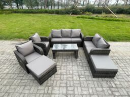 Fimous Rattan Wicker Garden Furniture Patio Conservatory Sofa Set with Rectangular Coffee Table Reclining Chair 2 Big Footstool 3 Seater Sofa - thumbnail 2