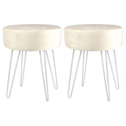 Harbour Housewares Round Velvet Footstools - H40 x D35cm - Silver Legs - Pack of 2 in Cream - thumbnail 1