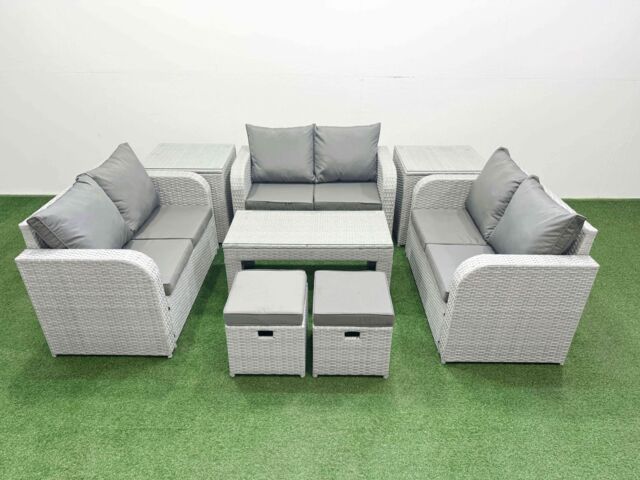 Fimous 8 Seater PE Wicker Rattan Furniture Sofa Sets with Oblong Coffee Table 2 Seater Love Sofa 2 Stool 2 Side Table Light Grey - image 1