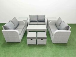 Fimous 8 Seater PE Wicker Rattan Furniture Sofa Sets with Oblong Coffee Table 2 Seater Love Sofa 2 Stool 2 Side Table Light Grey - thumbnail 2