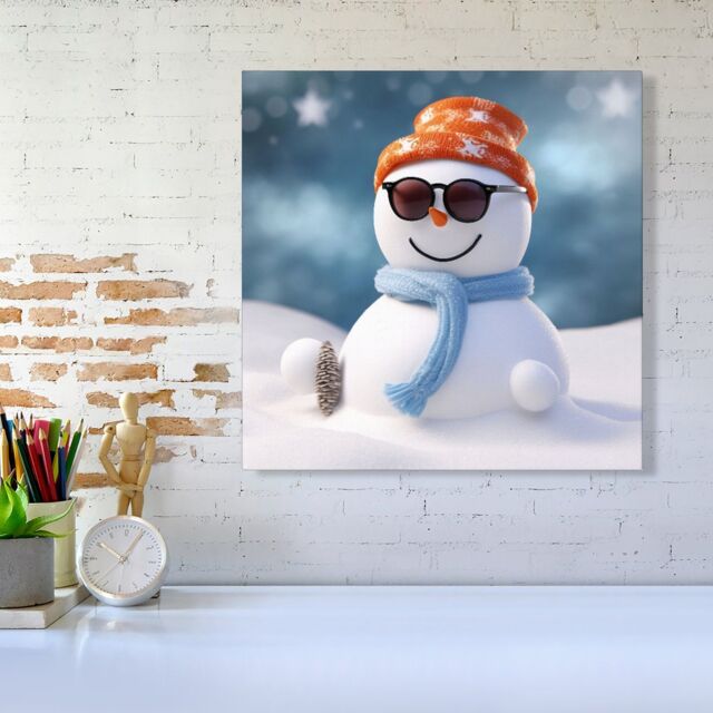"Warren Reed - Designer Smily Snowman Canvas in White - Size: W16"" x H16""" - image 1
