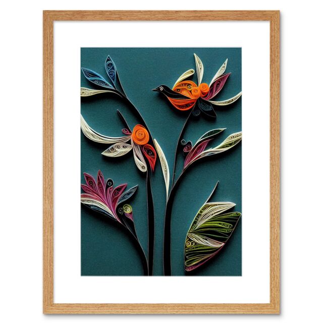 "Artery8 Wall Art Print Modern Paper Quilling Bird on Exotic Flower Plant Leaves Blue Orange Teal Artwork Framed 9X7 Inch in Beige - Size: W7"" x H9""" - image 1