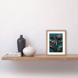 "Artery8 Wall Art Print Modern Paper Quilling Bird on Exotic Flower Plant Leaves Blue Orange Teal Artwork Framed 9X7 Inch in Beige - Size: W7"" x H9""" - thumbnail 2