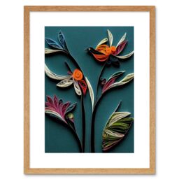 "Artery8 Wall Art Print Modern Paper Quilling Bird on Exotic Flower Plant Leaves Blue Orange Teal Artwork Framed 9X7 Inch in Beige - Size: W7"" x H9""" - thumbnail 1