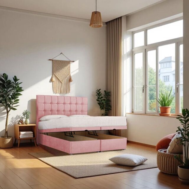 "Knight Sleep Cubed End Opening Ottoman Bed With Mattress & 24"" Headboard in Pink - Size: Small Double" - image 1