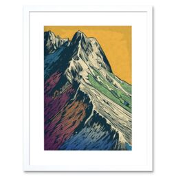 "Artery8 Wall Art Print Multicoloured Mountain Range Peaks Pop Art Linocut Artwork Framed 9X7 Inch in White - Size: W7"" x H9""" - thumbnail 1