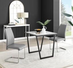 FurnitureboxUK Carson White Marble Effect Square Dining Table & 2 Faux Leather Lorenzo Chairs in Grey