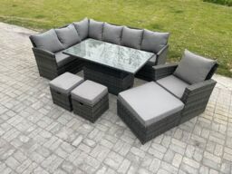 Fimous Outdoor Garden Furniture Set Wicker PE Rattan Height Adjustable Rising Lifting Table Sofa Dining Set with 3 Footstools Armchair in Dark Grey - thumbnail 1