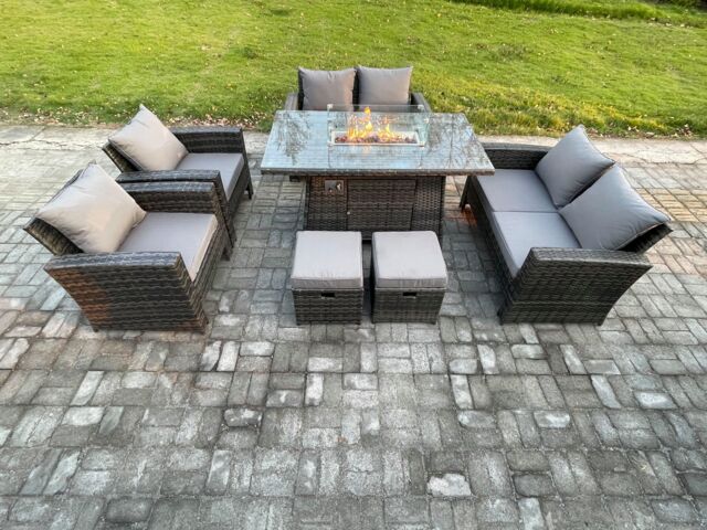 Fimous Wicker PE Rattan Garden Furniture Sets Patio Outdoor Gas Firepit Dining Table Heater Set with Double Seat Sofa in Dark Grey