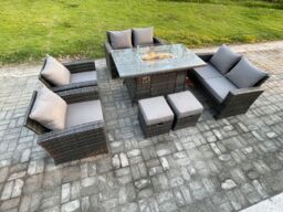 Fimous Wicker PE Rattan Garden Furniture Sets Patio Outdoor Gas Firepit Dining Table Heater Set with Double Seat Sofa in Dark Grey - thumbnail 2