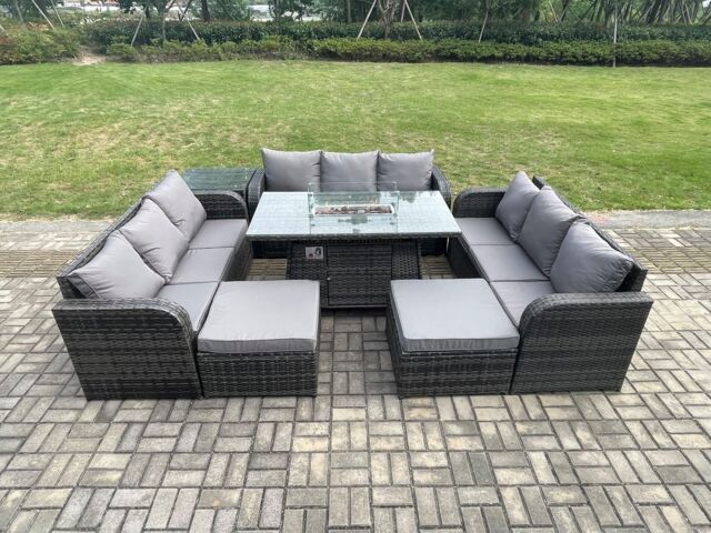 Fimous Outdoor Rattan Furniture Garden Dining Set Gas Fire Pit Table With Side Table Lounge Sofa 2 Big Footstool in Dark Grey - image 1