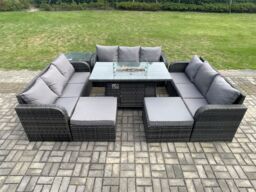 Fimous Outdoor Rattan Furniture Garden Dining Set Gas Fire Pit Table With Side Table Lounge Sofa 2 Big Footstool in Dark Grey - thumbnail 3