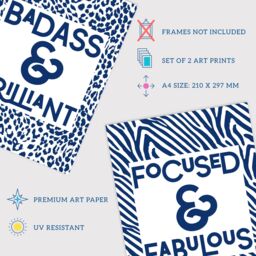 Artery8 Wall Art Print Pack of 2 A4 Focused & Fabulous Badass & Brilliant Typography Zebra Leopard Pattern Office Living Room s Set - thumbnail 4