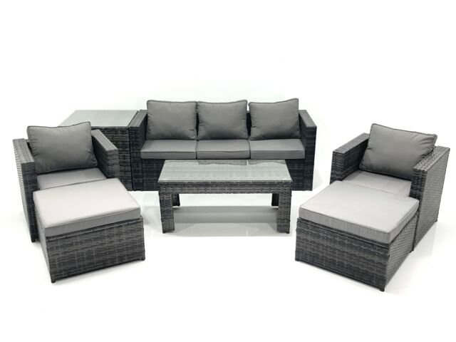 Fimous 7 Seater Rattan Garden Furniture Set Outdoor Lounger Sofa with Coffee Table 2 Armchair 2 Big Footstools Side Table Dark Grey Mixed - image 1