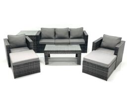 Fimous 7 Seater Rattan Garden Furniture Set Outdoor Lounger Sofa with Coffee Table 2 Armchair 2 Big Footstools Side Table Dark Grey Mixed - thumbnail 1