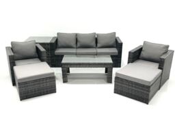 Fimous 7 Seater Rattan Garden Furniture Set Outdoor Lounger Sofa with Coffee Table 2 Armchair 2 Big Footstools Side Table Dark Grey Mixed - thumbnail 2