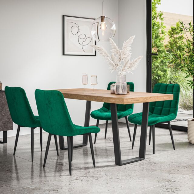 More4Homes Aria Dining Table & Chairs - Oak Effect Table Top w Black Legs + Nova Velvet Dining Chair Set Of 4 in Green - image 1